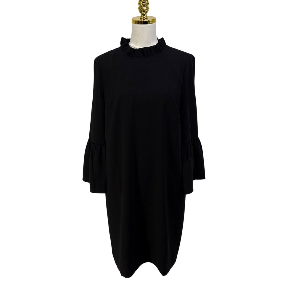 J Crew Womens Black Crepe Ruffle Mock Neck 3/4 Bell Sleeve Shift Dress Size 8